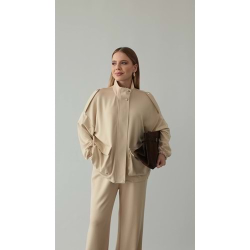 L/XL Bej Takım Büyük Beden | Cepli Fermuarlı Modal