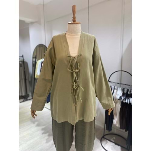 Üç Bağlama Keten Haki Kimono L-XL Beden