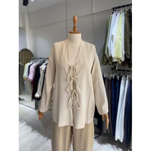Üç Bağlama Keten Taş Kimono S-M Beden