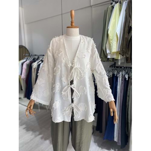 Üç Bağlama Keten Beyaz Orta Kimono XL Beden