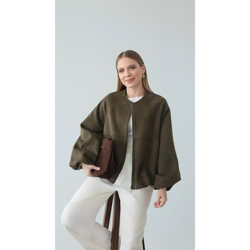 Süet Bomber Fermuarlı Kadın Yeşil Ceket