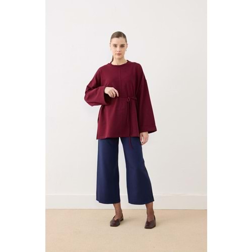 Dikiş Detaylı Yırtmaçlı Kadın Modal Bordo Sweatshirt S-M Beden