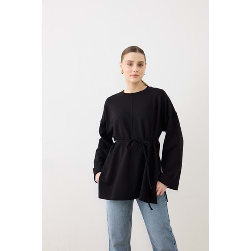 Dikiş Detaylı Yırtmaçlı Kadın Modal Siyah Sweatshirt M-L