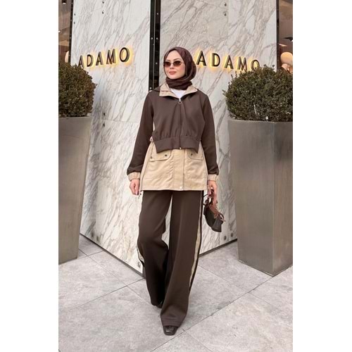 Gabardin-Scuba Kapüşonlu Garnili İkili Kahverengi Takım (36-38)