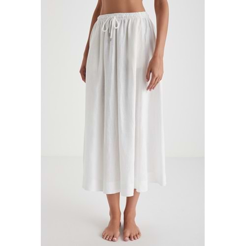 Beli Lastikli, İpli Cepli Keten Beyaz Etek S Beden