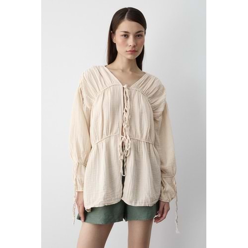 %100 Pamuk Kolu Lastikli Müslin Bağlamalı Bej Bluz M Beden