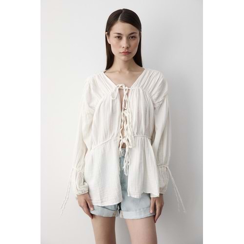 %100 Pamuk Kolu Lastikli Müslin Bağlamalı Beyaz Bluz M Beden