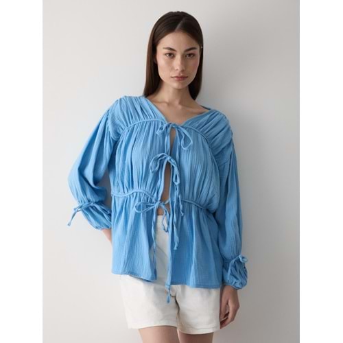 %100 Pamuk Kolu Lastikli Müslin Bağlamalı Mavi Bluz M Beden