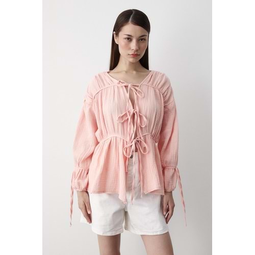 %100 Pamuk Kolu Lastikli Müslin Bağlamalı Somon Bluz L Beden