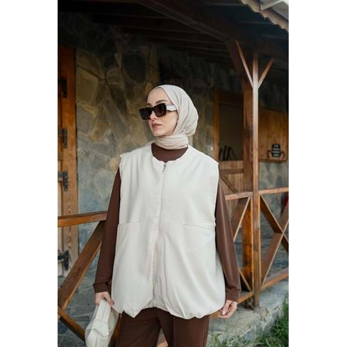 Gabardin Fermuarlı Kadın Astarlı Bej Yelek L-XL (40-42) Beden