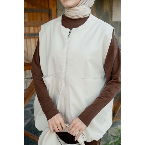 Gabardin Fermuarlı Kadın Astarlı Bej Yelek S-M (36-38) Beden