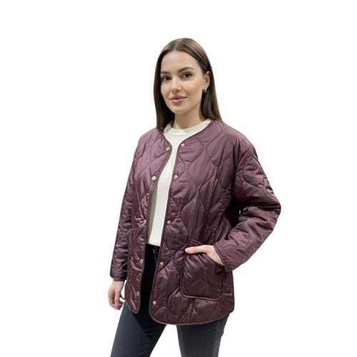 Bisiklet Yaka Çıt Çıtlı Oversize Kapitone Ceket (L-XL) - Mürdüm