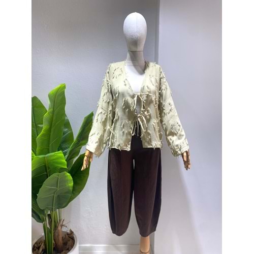 Püsküllü Önü Bağlamalı Keten Çağla Kimono Standart