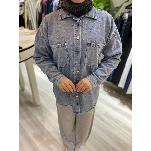 Püsküllü Mavi Kot Gömlek 46 Beden