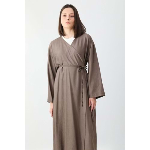 Uzun Crash Çilek Kumaş Bağlamalı Kimono Pantolonlu Toprak Takım 2 Beden