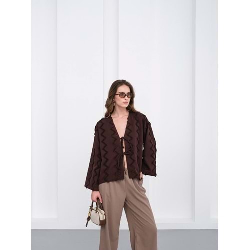 Zikzak Püsküllü İki İp Bağlamalı Kahverengi Kimono S (36-38 Beden)