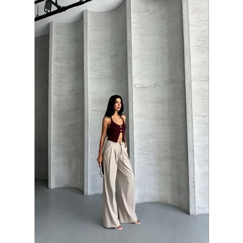 Pileli Beli İpli Keten Kadın Bej Pantolon L (40) Beden