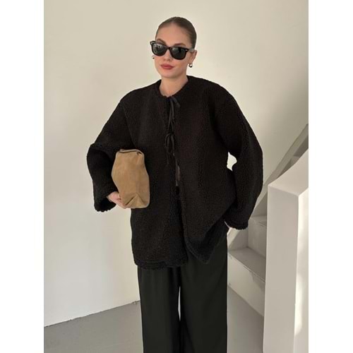 Önü Bağlamalı Siyah Standart Kadın Teddy Ceket