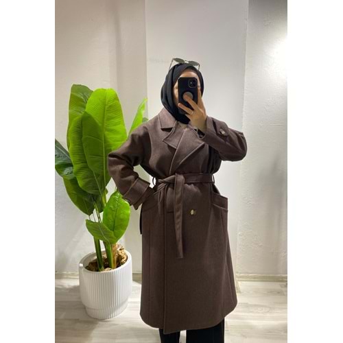 Premium Kumaş Kuşaklı Kahverengi Oversize Kaban Standart