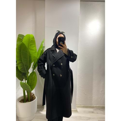 Premium Kumaş Kuşaklı Siyah Oversize Kaban Standart