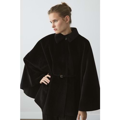 Siyah Oversize Pelerin Kaban | Süet Kemerli Gömlek Yaka