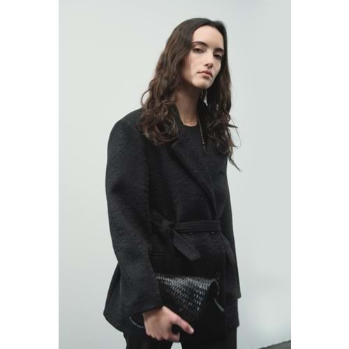 Siyah Kruvaze Kapamalı Kaşe Blazer Ceket (L/XL Beden)