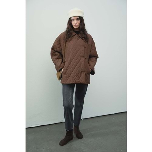 Gömlek Yaka Düğmeli Kapitone Kahverengi Mont L/XL