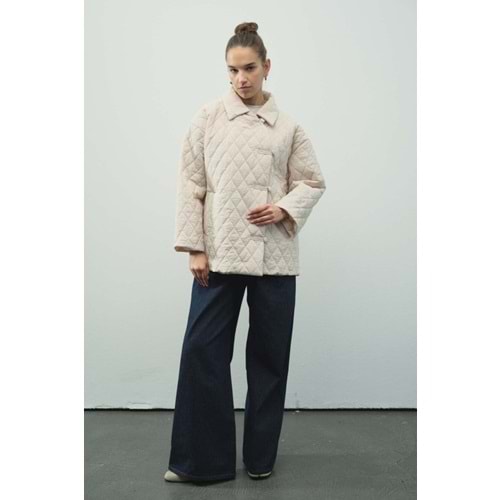 Gömlek Yaka, Düğmeli Kapitone Taş Mont S/M