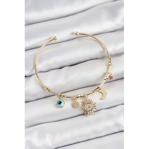 Pirinç Zirkon Taşlı Güneş Ay Nazar Model Gold Renk Charm Bileklik