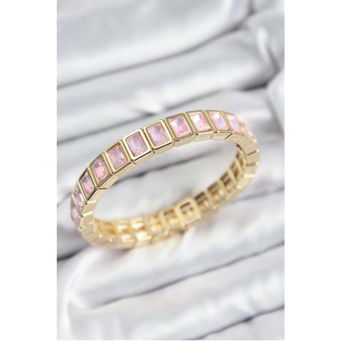 Pirinç Pembe Zirkon Taşlı Dikdörtgen Model Gold Renk Lastikli Kadın Bileklik