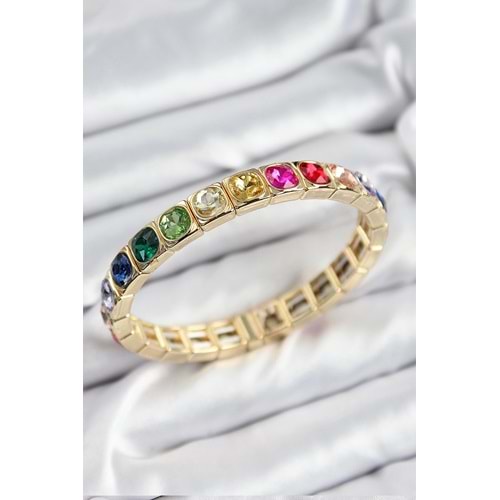 Pirinç Karışık Zirkon Taşlı Kare Model Gold Renk Lastikli Kadın Bileklik