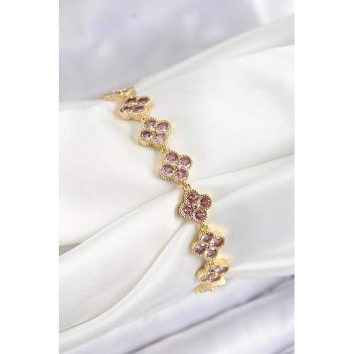 Pirinç Pembe Zirkon Taşlı Yonca Model Gold Renk VIP Seri Kadın Bileklik