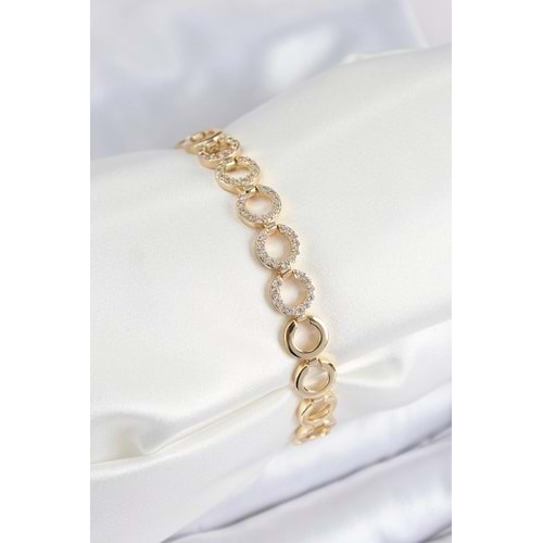 Pirinç Zirkon Taşlı Sıralı Halka Model Gold Renk Kadın Bileklik
