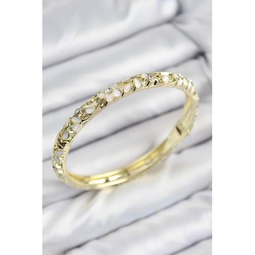Mineli Pirinç Zirkon Taşlı Beyaz Çiçek Motifli Gold Kadın Kelepçe