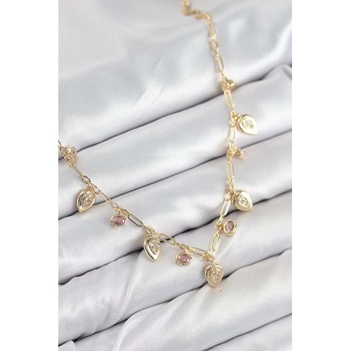 Pirinç Zirkon Taşlı Sallantılı Damla Model Gold Renk Kadın Kolye