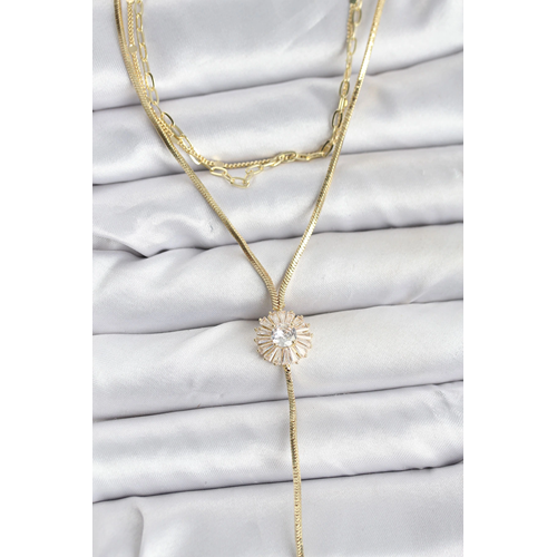 Pirinç Gold Renk Zirkon Taşlı Papatya Model Detaylı 3'lü Kombin Y Kadın Kolye