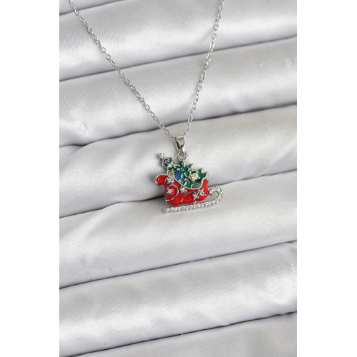 316L Çelik Zincir Gümüş Renk Kızak ve Çam Ağacı Figürlü Yılbaşı Temalı Kadın Kolye