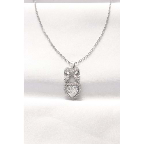 316L Çelik Silver Renk Zirkon Taşlı Kalpli Fiyonk Kolye