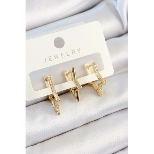 Pirinç Zirkon Taşlı Yıldız Model Gold Renk 3'lü Çift Kadın Küpe Set