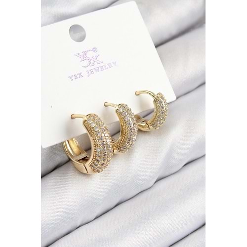 Pirinç Zirkon Taşlı 3'lü Halka Model Gold Renk Kadın Küpe