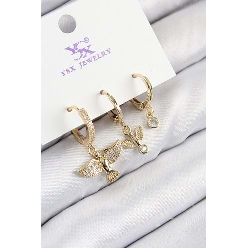 Pirinç Zirkon Taşlı 3'lü Kuş Model Gold Renk Kadın Küpe