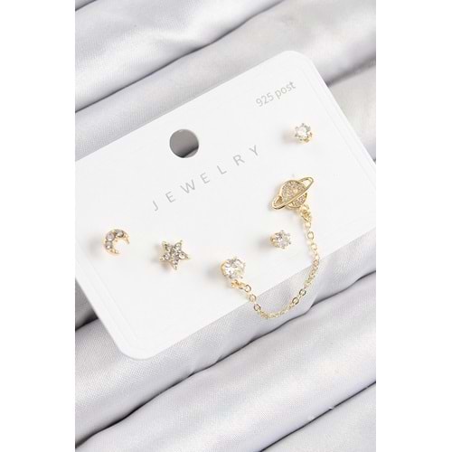 Pirinç Zirkon Taşlı Yıldız Ve Gezegen Model Gold Renk 925 Ayar Gümüş Çivi Kadın Küpe Set