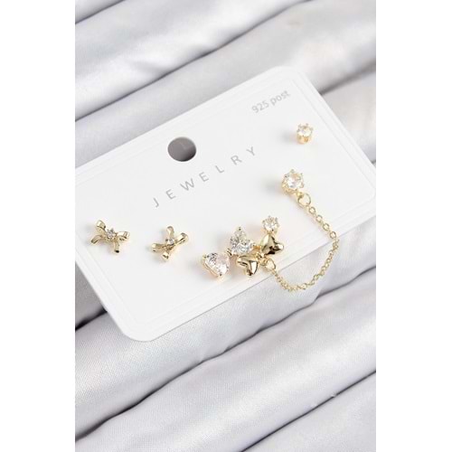 Pirinç Zirkon Taşlı Fiyonk Model Gold Renk 925 Ayar Gümüş Çivi Kadın Küpe Set