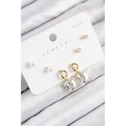 Pirinç Zirkon Taşlı Sallantılı Kare Model Gold Renk 925 Ayar Gümüş Çivi Kadın Küpe Set