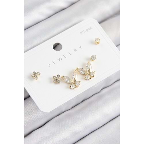 Pirinç Zirkon Taşlı Kelebek Model Gold Renk 925 Ayar Gümüş Çivi Kadın Küpe Set