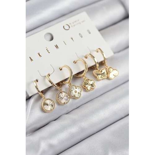 Pirinç Zirkon Taşlı Yonca Model Gold Renk 6'lı Küpe Set