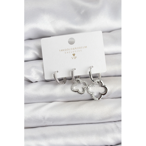 Yonca Model Gümüş Renk Pirinç 3'lü Kadın Küpe Seti