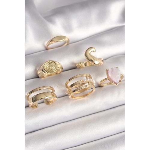 Pirinç Gold Renk Pembe Damla Mineli Sarmal İşleme Detaylı 6'Lı Kadın Yüzük Seti