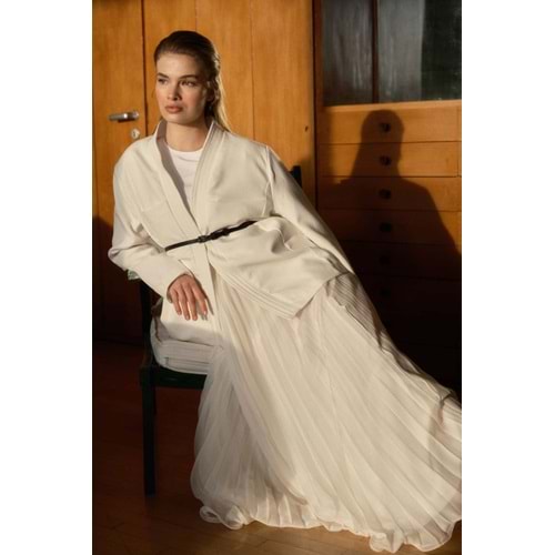 Punto Dikişli Kimono Yaka Ekru Kemerli Ceket S/M