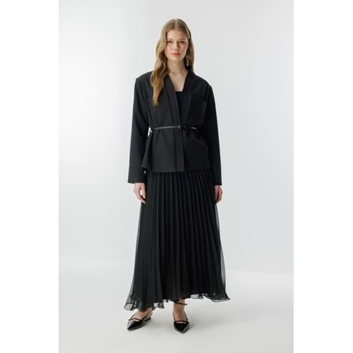 Punto Dikişli Kimono Yaka Siyah Kemerli Ceket L/XL